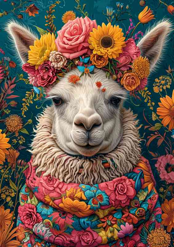 LLama wearing a scarf and flowers