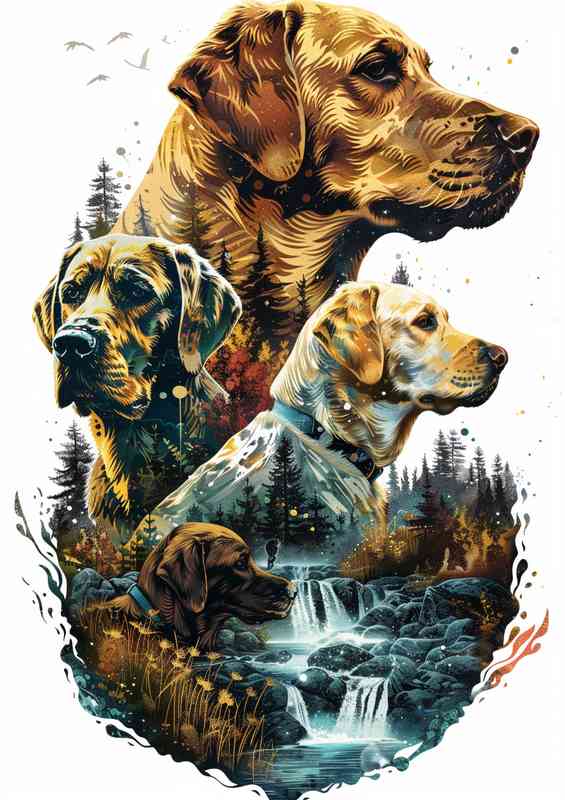 Labrador Dogs in the waterfall