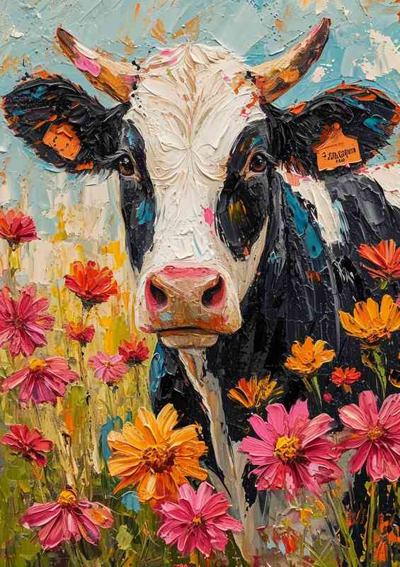 Lilah the cow surrounded by the flower field