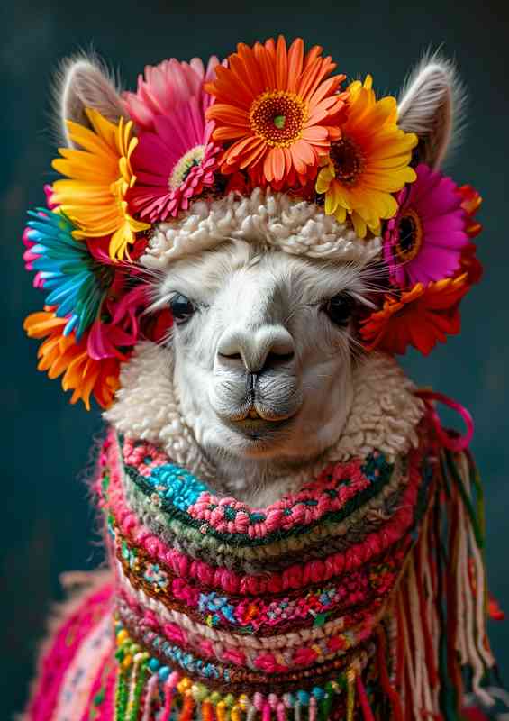 Llama colorful wears flowers on its head