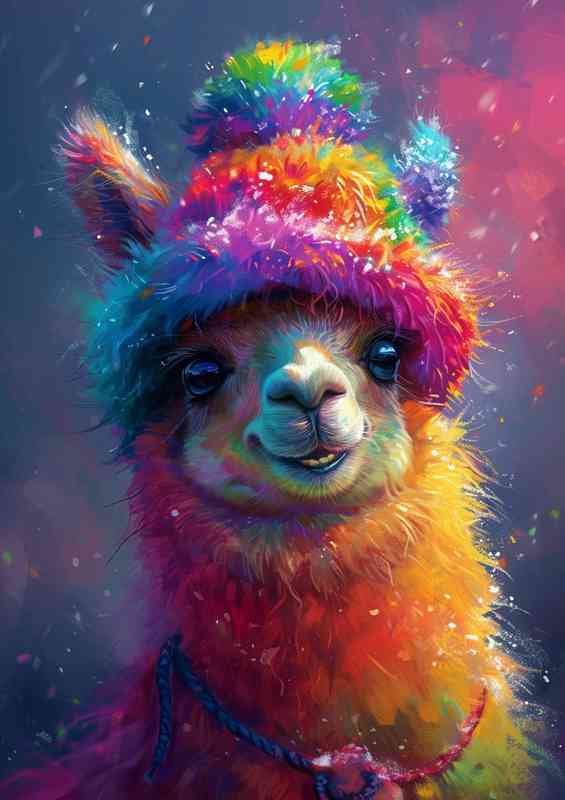 Llama laughing in a rainbow hat