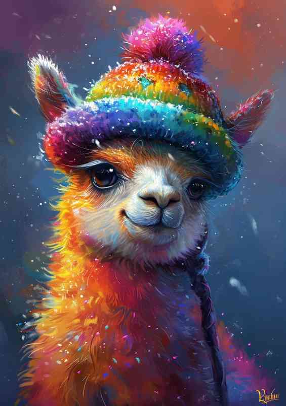 Llama with a cute coloured bobble hat on