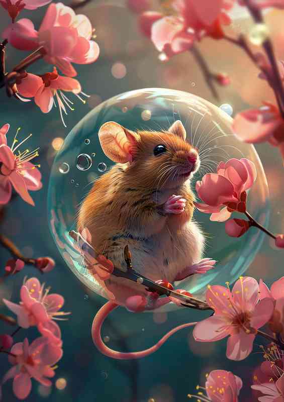 Mouse sitting in a bubble on pink flowers