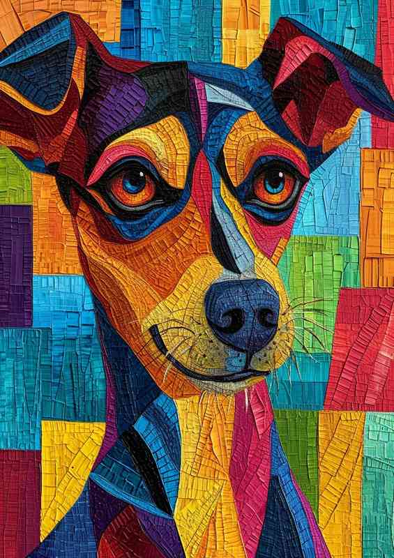 Painting depicting a dog with multi colored