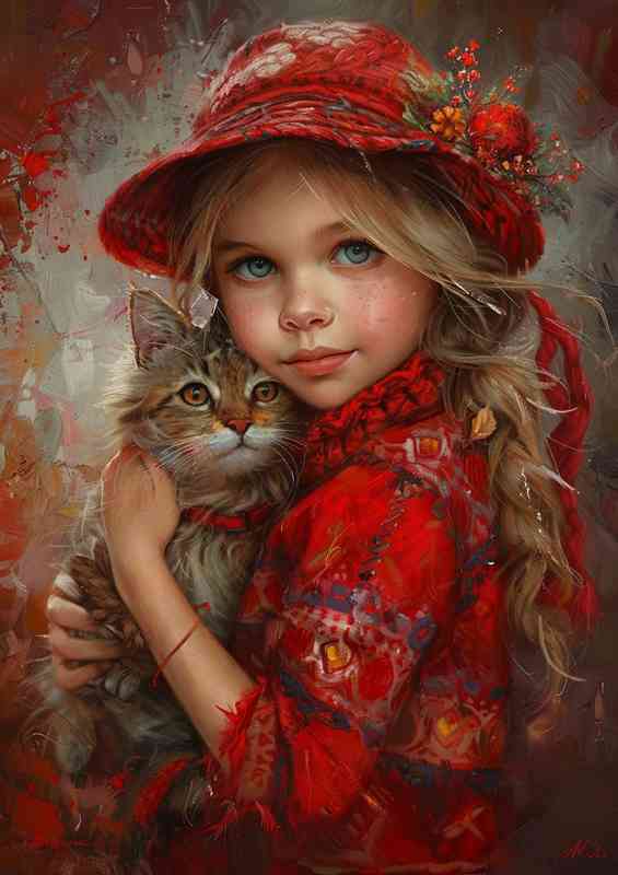 Painting of a little girl and a Cat