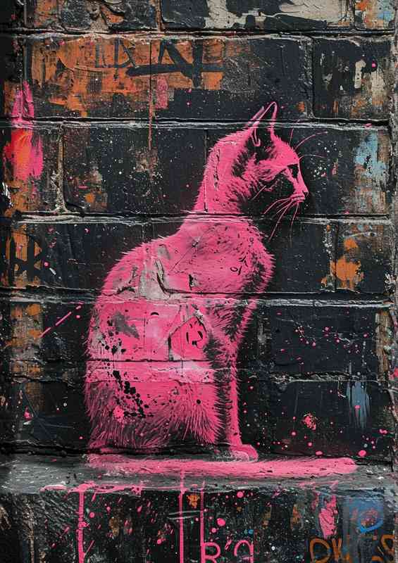 Pink cat sitting on the kerb art