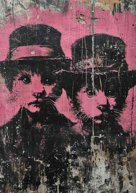Pink cats with hats street art style