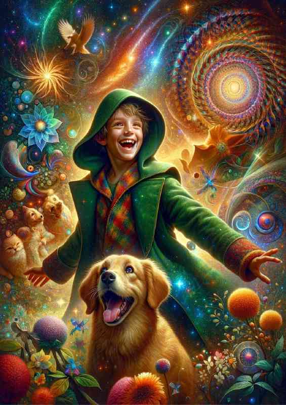 Playful dog with bright eyes and joyful boy