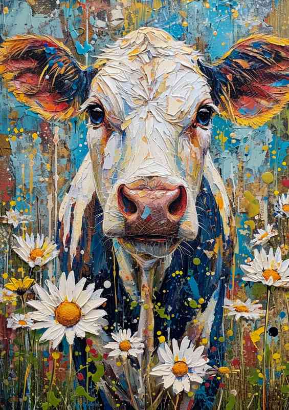 Ruth the cow in with a colourful background