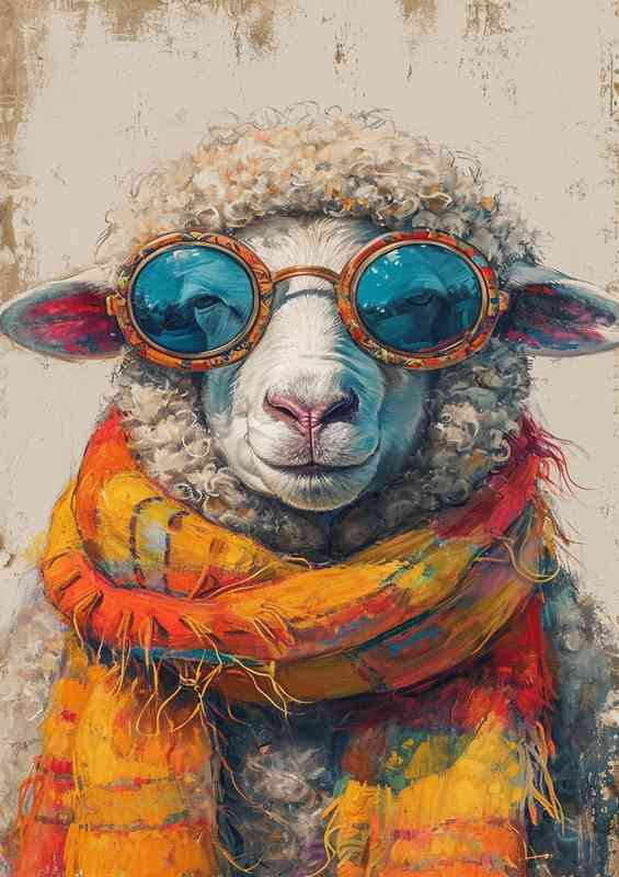 Sheep in orange scalf and sungalsses