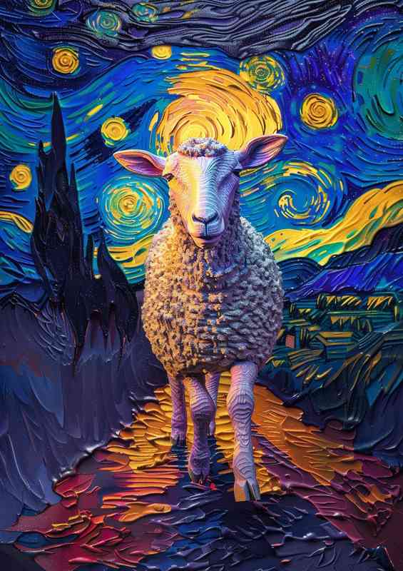 Sheep walking in a night with starry sky