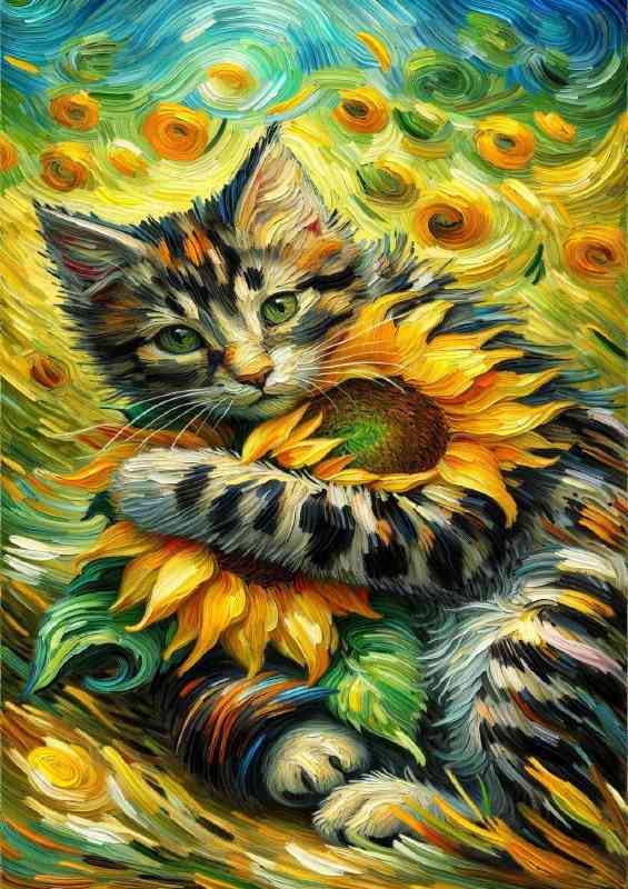 Tabby kitten embracing a large sunflower
