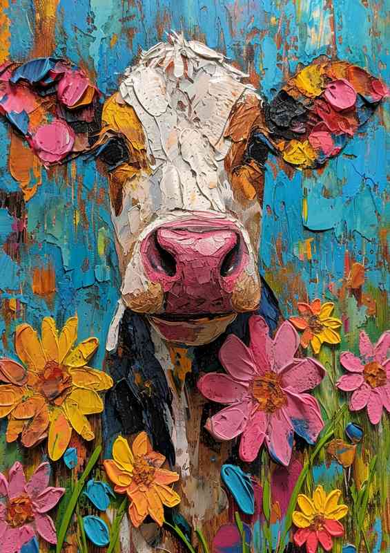 Teressa the painted cow surrounded by daisys