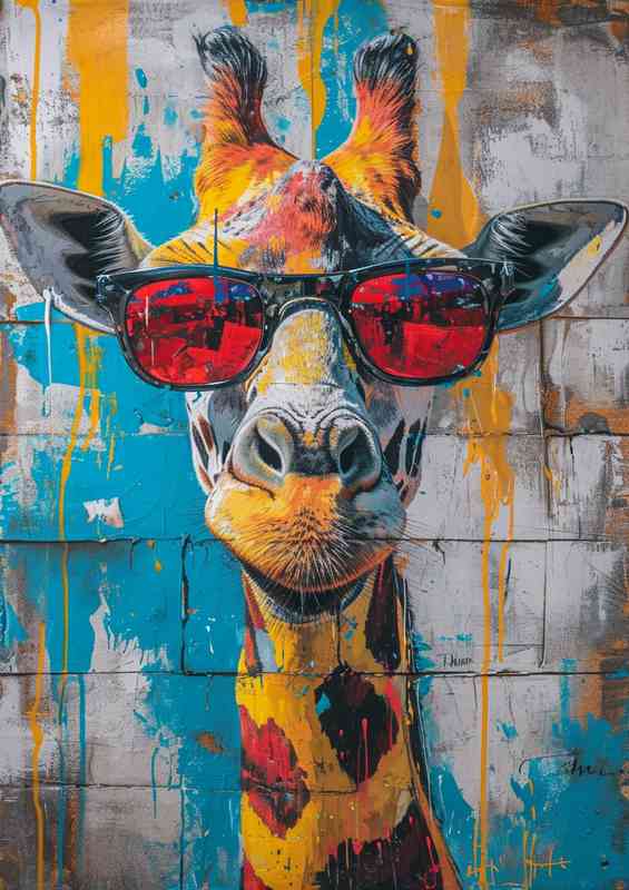 The face of the sunglasses giraffe