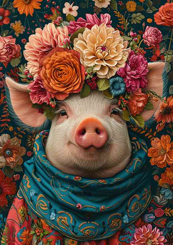 The pink pig in a colourful scarf