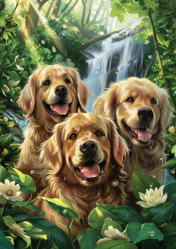 Three Golden retrivers in the waterfall forest