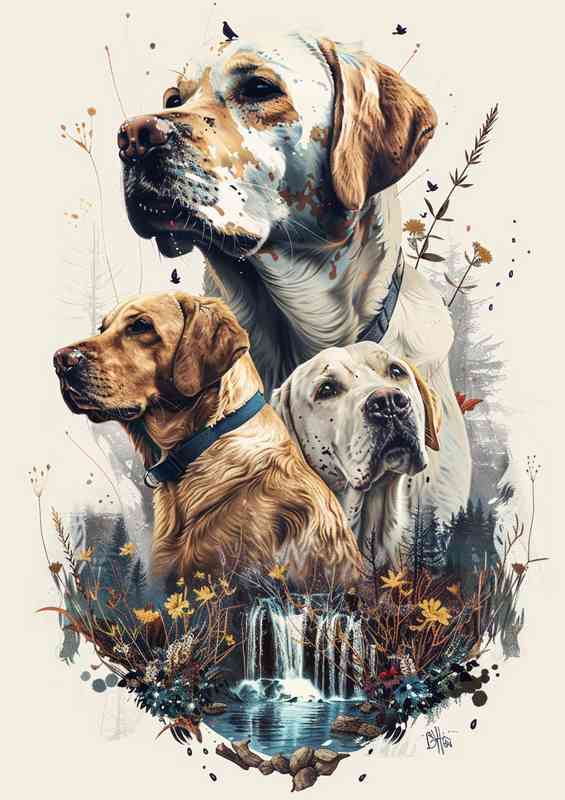Three labrador dogs forest