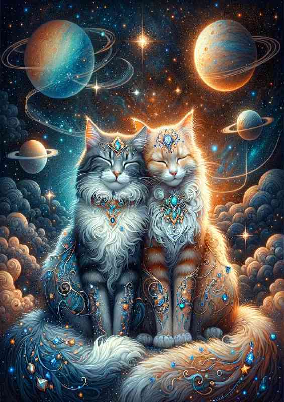 Two Cats one with a coat like the night sky