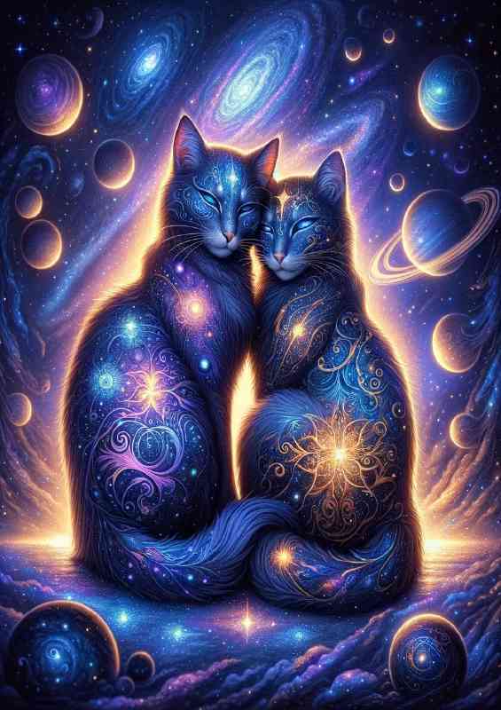 Two cats with celestial patterns on their fur
