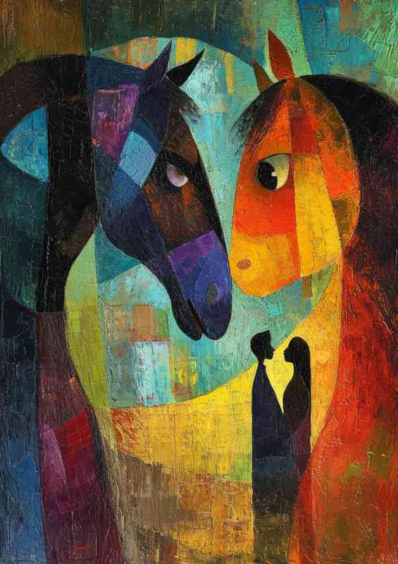 Two people and horses standing