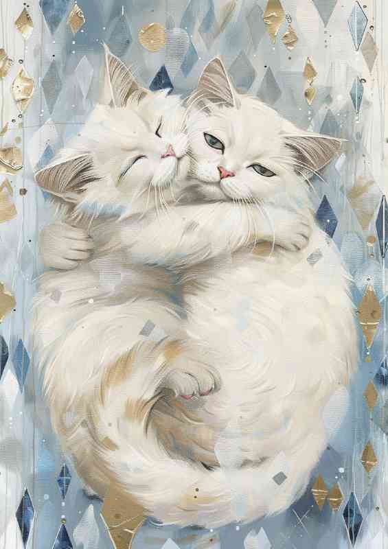Two white cats hugging each other with their tails