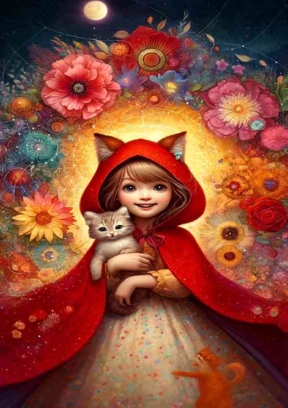Wearing a vibrant red cloak with a hood and cat