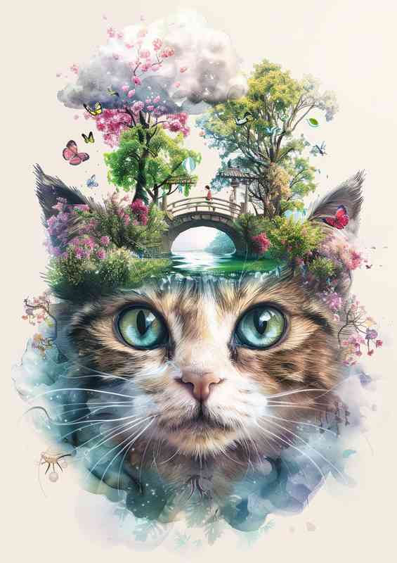 Whimsical Cat face double exposure