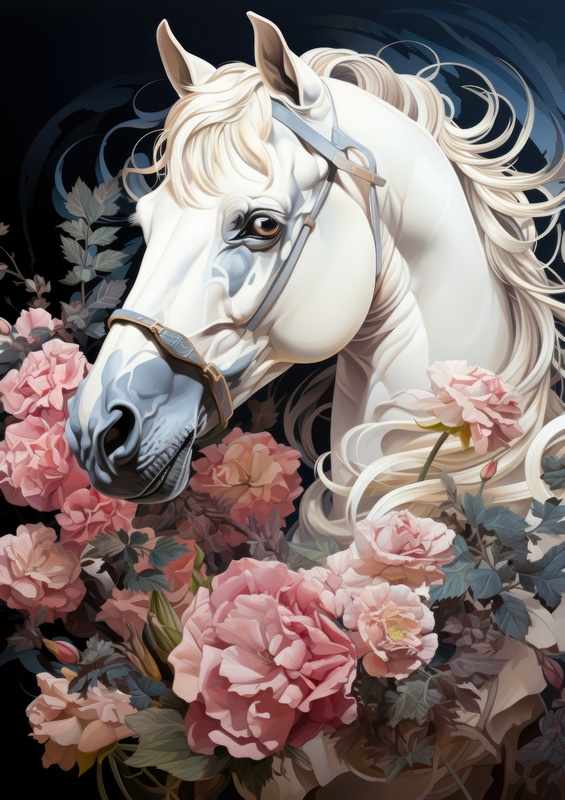 White Horse surrounded by flowers