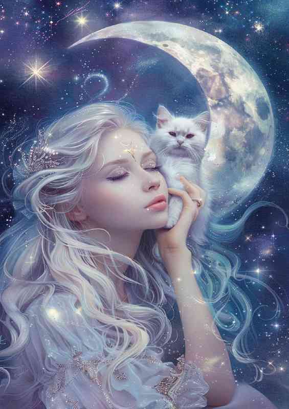 Woman with a white cat in the moon stars