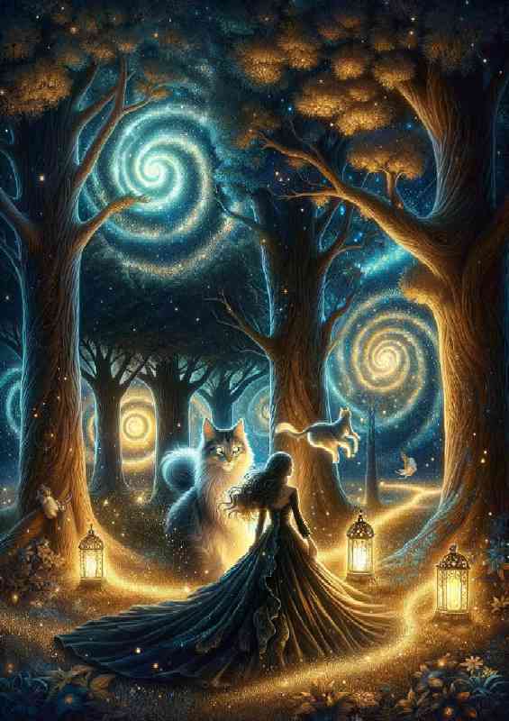 mystical forest at night filled with with luminescent leaves cat