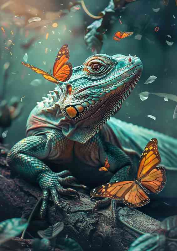 Big green lizard sits on a branch