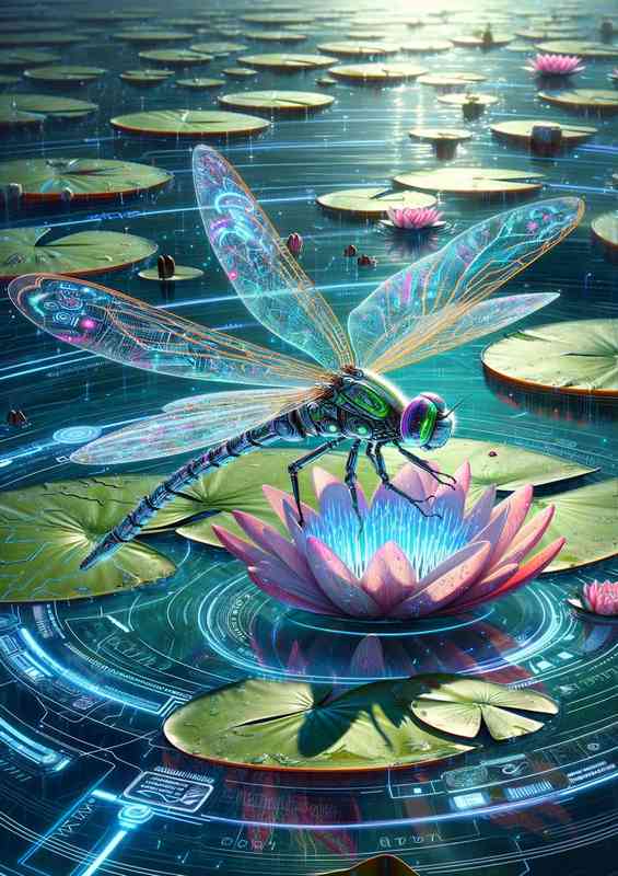 Cyber enhanced dragonfly hovering over a digital water lily