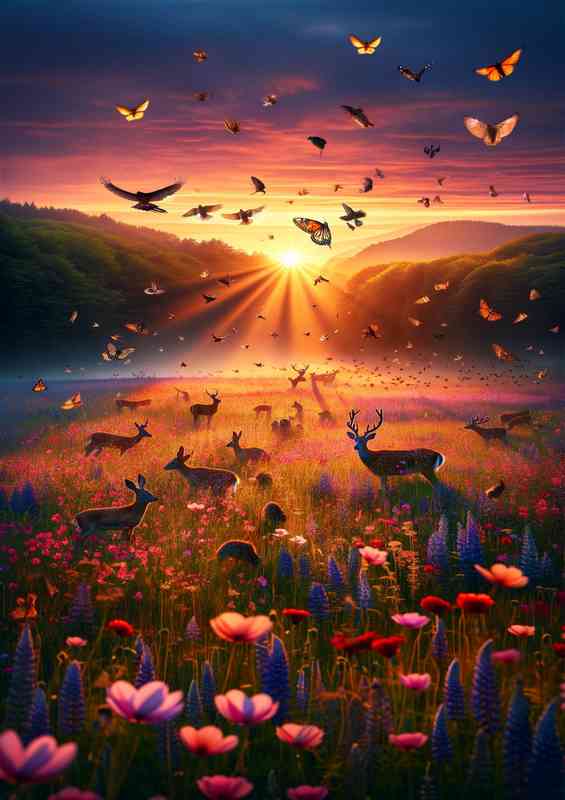 First light of dawn over a vast meadow blooming with wildflowers