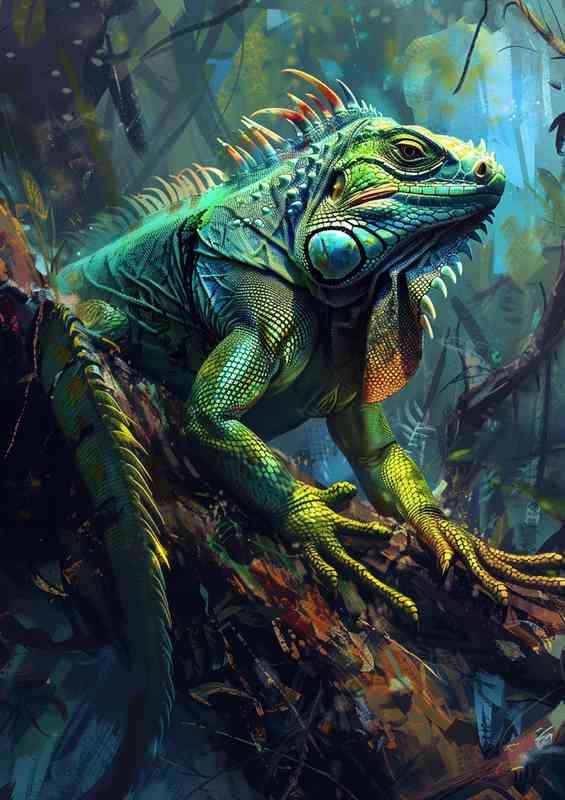 Green Iguana is perched on a branch in the woods