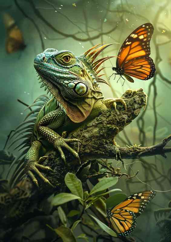 Green lizard sits on a branch with two butterflies