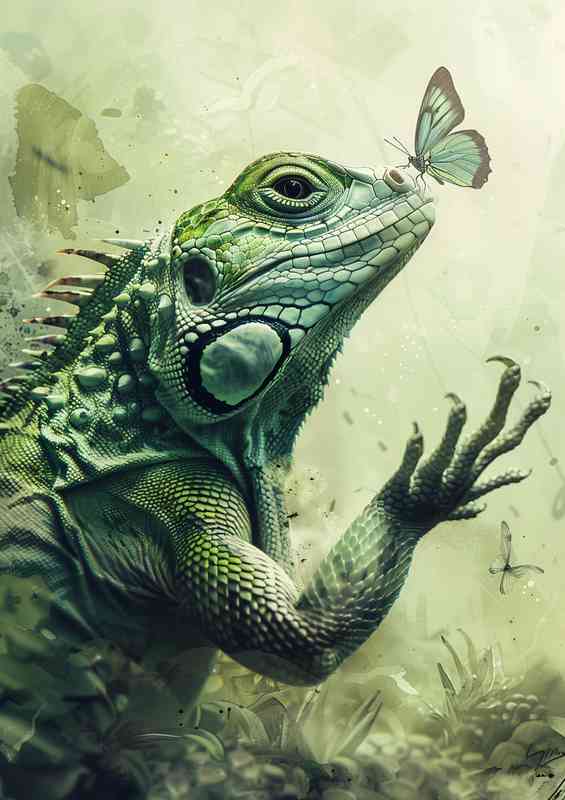 Watercolor painting of a green Lizard with a butterfly