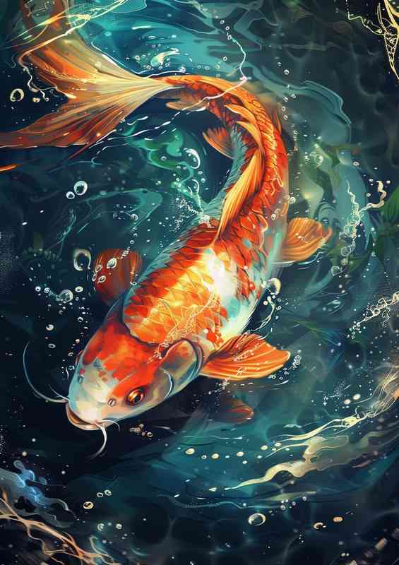 A beautiful water painting orange and white koi carp