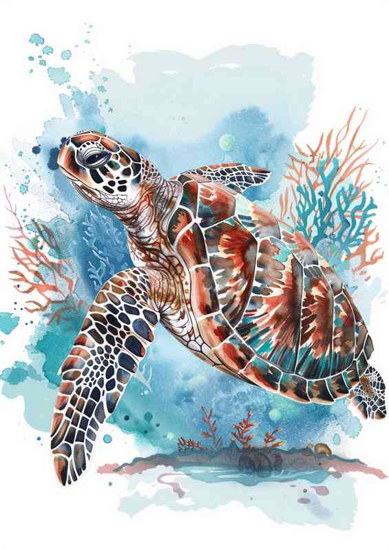 A brown and white sea turtle swimming in the ocean
