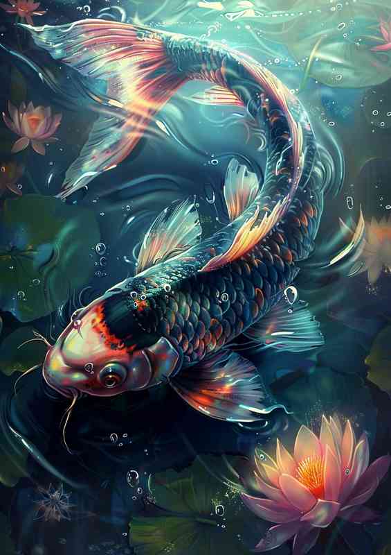 Beautiful water painting of a black Koi and Lillys