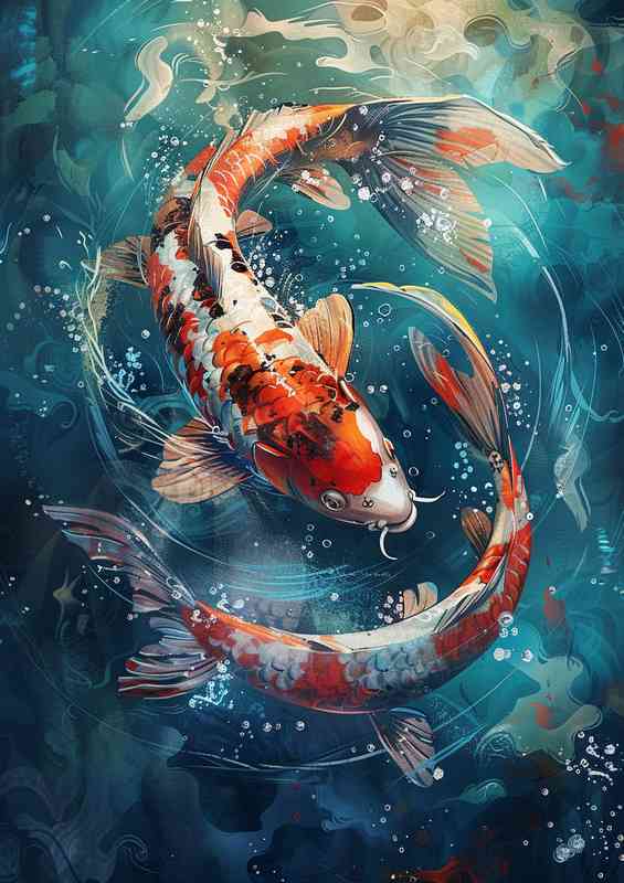 Beautiful water painting of a fish a pair of Koi carps