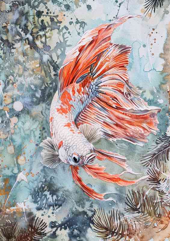 Betta fish painted in watercolor in the ocean