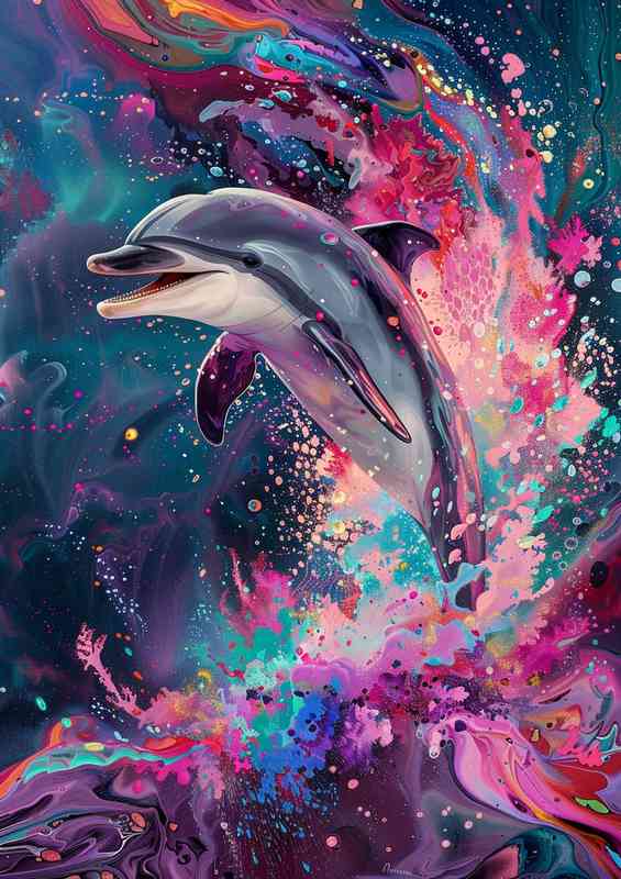 Dlophin the the ocean with pinks and purple colours
