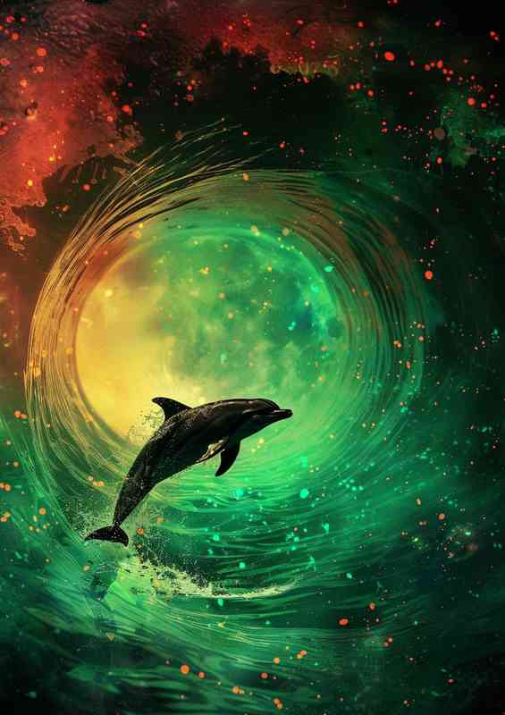 Dolphin flying through a green glowing tunnel