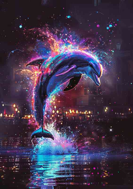 Dolphin is jumping into an ocean with colour splash