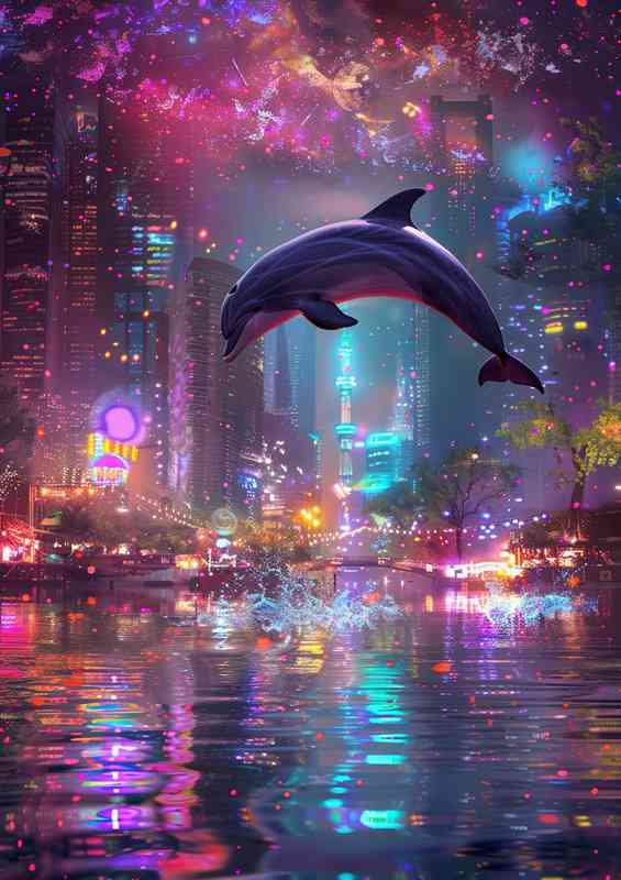 Dolphin is jumping with colorful lights