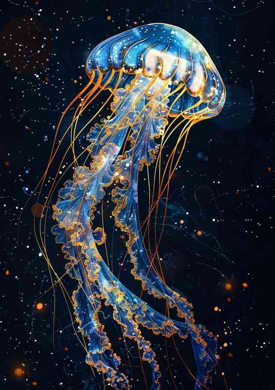 Jellyfish blue and gold lines dark Ocean