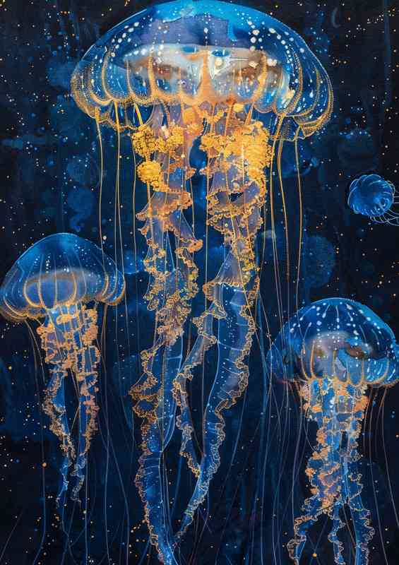 Jellyfish glowing blue and gold lines dark background
