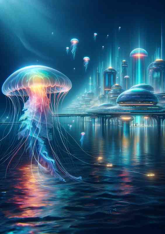 Neon jellyfish swimming in the depths underwater city