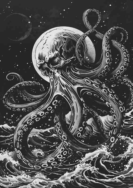 Octopus monster with tentacles is at the surface of the Sea