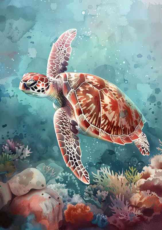 Turtle swimming in the ocean coral reef